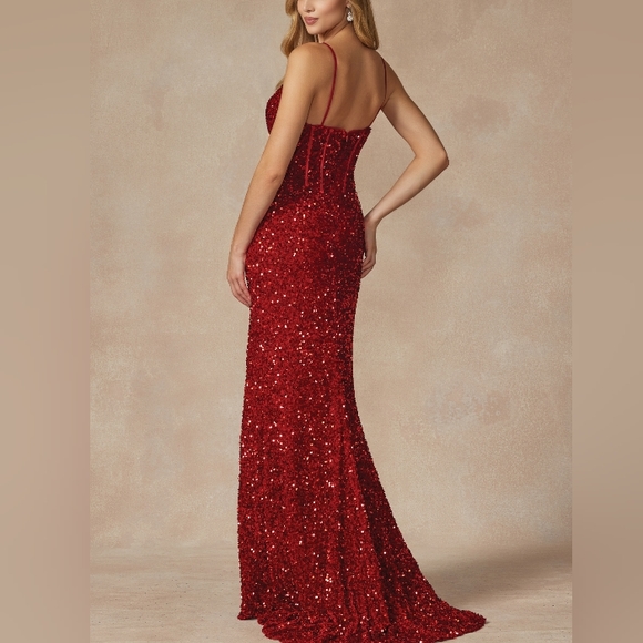 New long royal or red spaghetti strap sequins fitted dress - Picture 6 of 7
